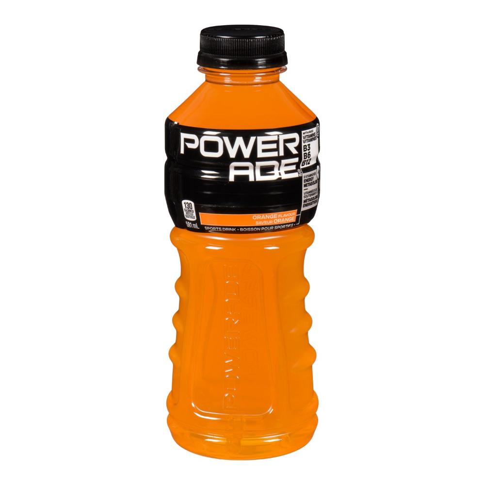 Powerade Orange 591 mL bottle on a solid white background